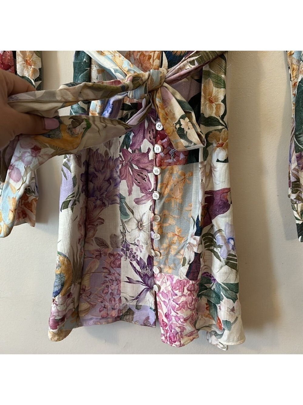 Zara Linen Blend Floral Print Belted Button Front Long Sleeve Mini Dress - Picture 13 of 16